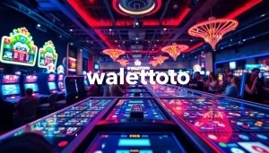 Menampilkan logo walettoto dalam suasana permainan yang penuh semangat di kasino modern.