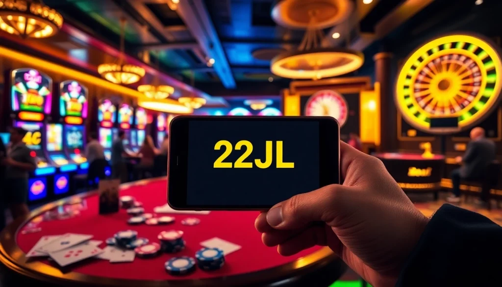 Experience the excitement of the 22JL app amidst a vibrant casino scene with poker tables and slot machines.