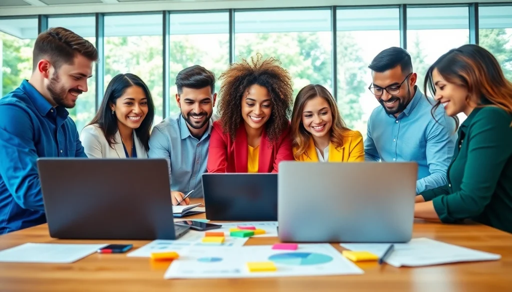 Collaborative team working on a Business project in a bright office environment.