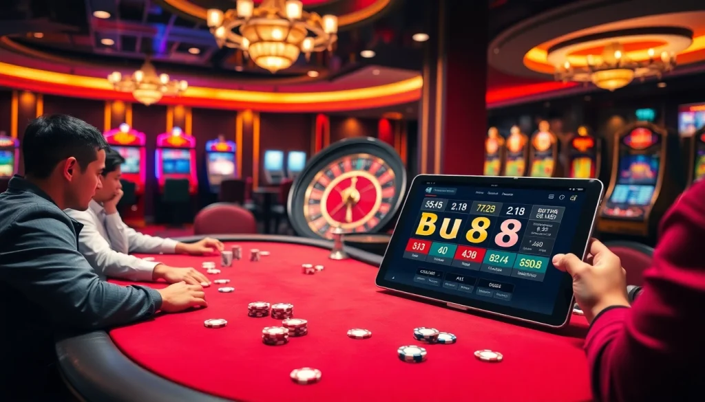 Gamblers at a poker table with vibrant slots and https://bu88.mex.com/ online interface symbolizing premium gambling.