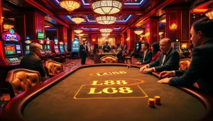 Players engaging in a thrilling game at the LC88 casino table, surrounded by vibrant lights and poker chips.