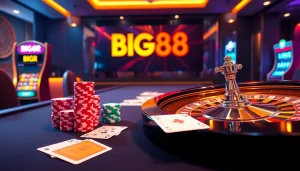 Experience the excitement of BIG88.BAR with vibrant poker chips and immersive casino visuals.