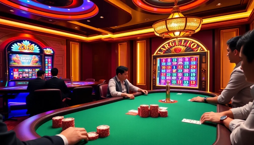 ZB368 players engaging at a luxurious poker table with vibrant betting graphics