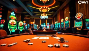 Players enjoying thrilling games at 888VI casino, showcasing vibrant roulette wheels and slot machines.