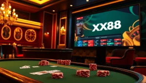 Exciting casino scene showcasing XX88 with poker chips and roulette wheel in a luxurious setting.