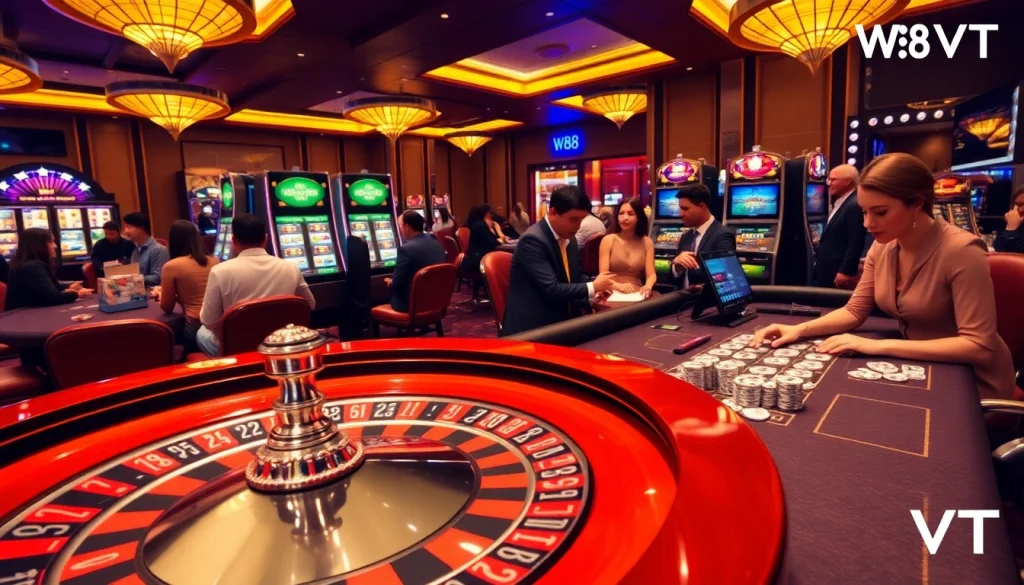Join the exciting gameplay experience at W88 VT, featuring poker chips and a vibrant roulette wheel.