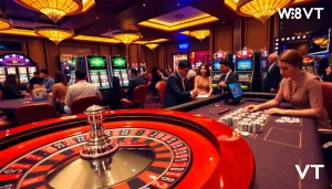 Join the exciting gameplay experience at W88 VT, featuring poker chips and a vibrant roulette wheel.