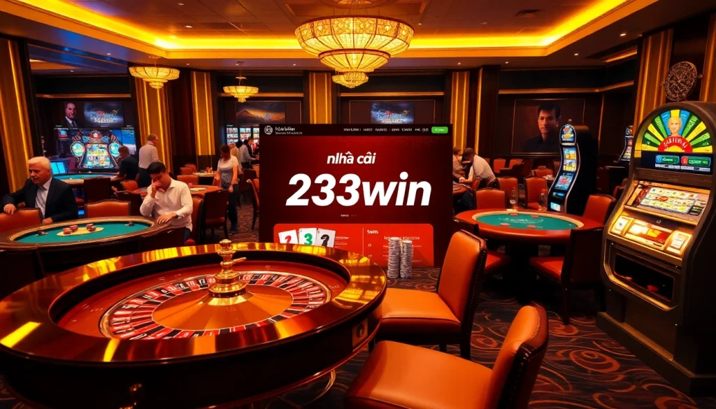 Experience the thrill of betting at nhà cái 23win, featuring a vibrant casino atmosphere with gaming tables.