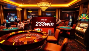 Experience the thrill of betting at nhà cái 23win, featuring a vibrant casino atmosphere with gaming tables.