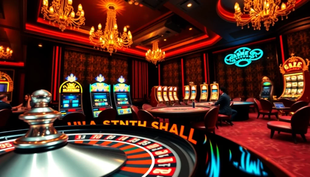 Experience the thrill of gambling at https://gg88.shop/ with a luxurious casino scene filled with poker tables and roulette wheels.