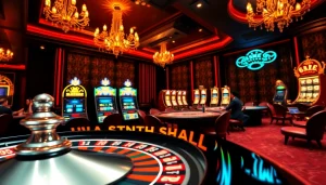 Experience the thrill of gambling at https://gg88.shop/ with a luxurious casino scene filled with poker tables and roulette wheels.