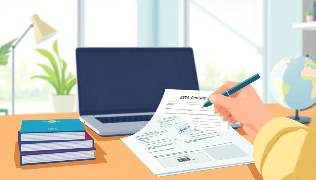 Filling out an esta application prominently featured with travel essentials in an inviting workspace.