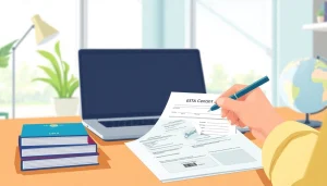 Filling out an esta application prominently featured with travel essentials in an inviting workspace.