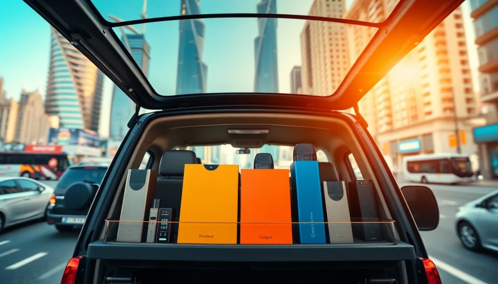 Vape pod delivery Dubai showcasing a professional delivery service in a vibrant urban setting.