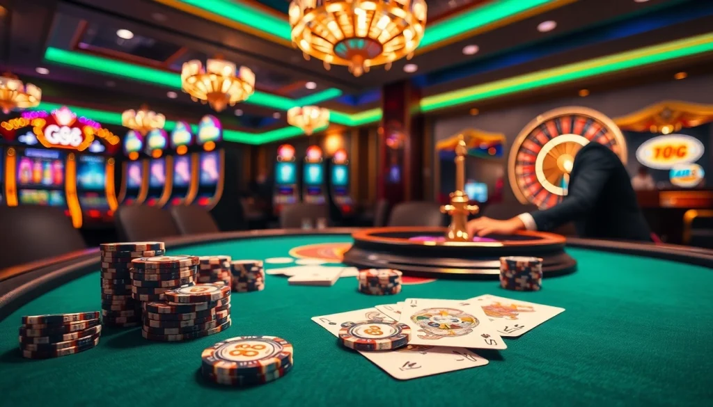 Experience thrilling gameplay at GG88 casino, featuring vibrant poker chips and elegant cards.