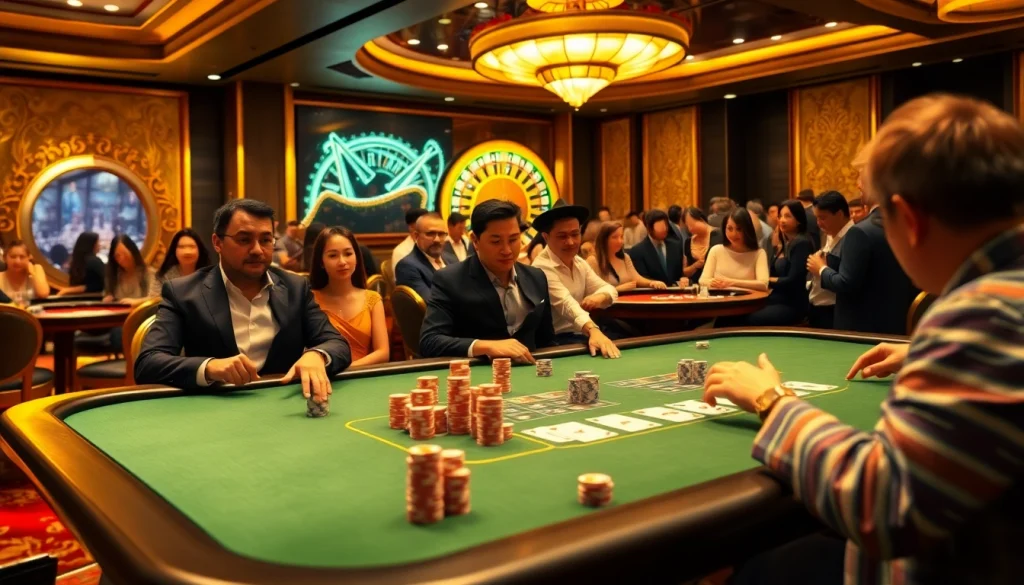 Engaged poker players at a luxurious casino table, representing Liên minh KJC's high-stakes excitement.