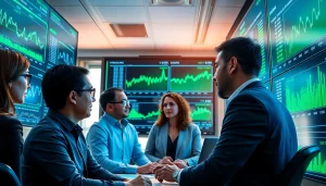 Dynamic trading environment showcasing kamino finance analytics in action with diverse professionals.