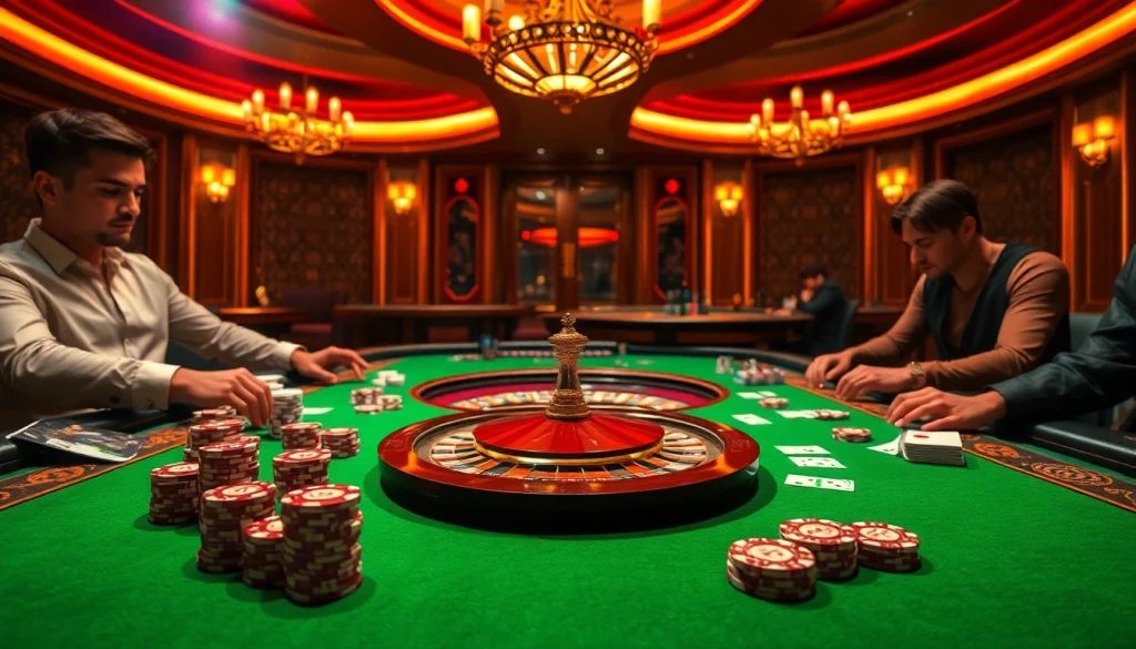 Gamblers strategizing at an ib88 poker table within an elegant casino setting.