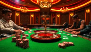 Gamblers strategizing at an ib88 poker table within an elegant casino setting.