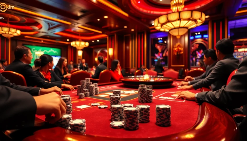 Exciting casino atmosphere at trang chủ kkwin with vibrant poker table, chips, and roulette wheel.