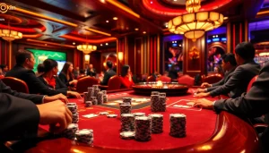 Exciting casino atmosphere at trang chủ kkwin with vibrant poker table, chips, and roulette wheel.