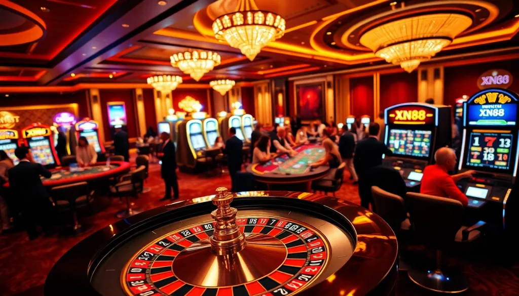 Players enjoying engaging games with XN88 casino branding at a vibrant gaming table.