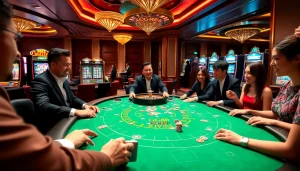 GG88 gaming table in a luxurious casino setting with players enjoying their bets.