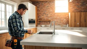 Transforming a home renovation project with a contractor measuring in a modern kitchen.