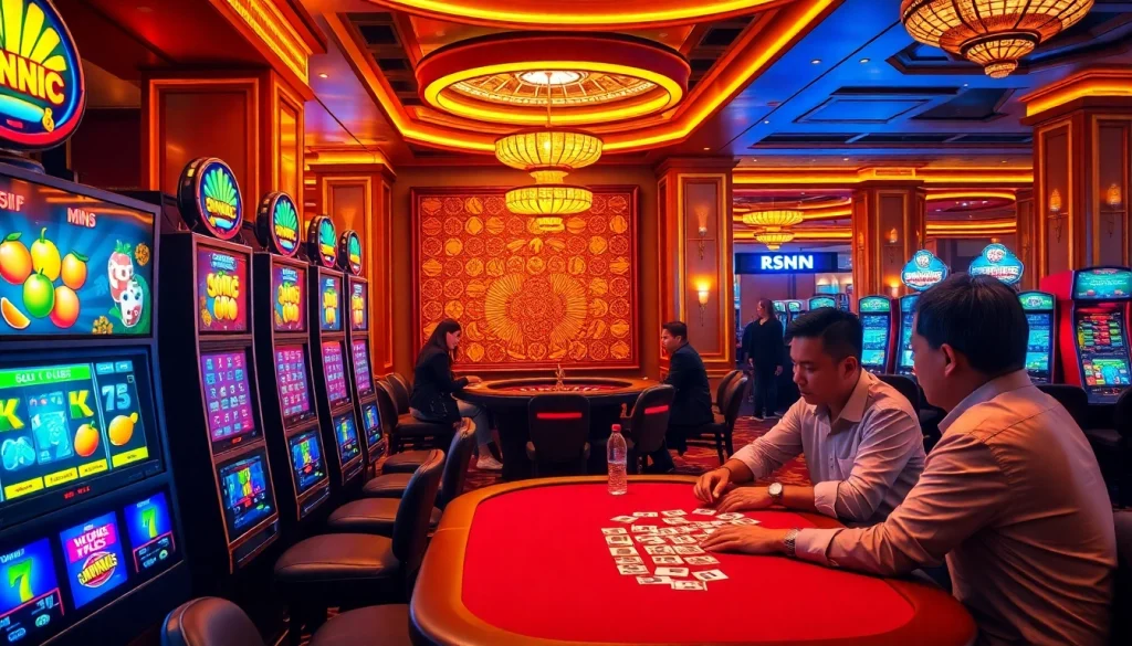 RAJABARONG celebrates vibrant gambling with players enjoying slot machines and games in a luxurious casino setting.