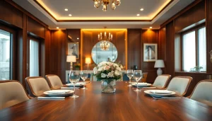 Showcasing stylish dining tables set for an elegant meal with rich wooden textures.