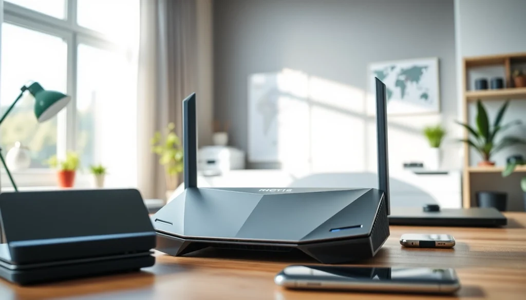 Showcase a vpn router on a desk with high-tech devices, emphasizing connectivity and innovation.
