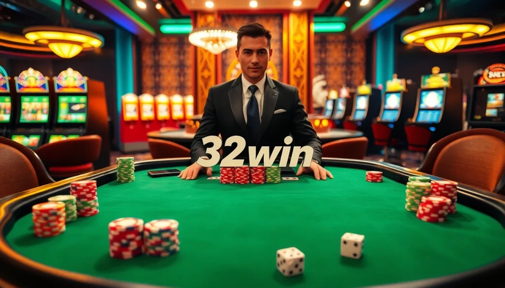 Players enjoying a thrilling poker game at 32win's luxurious casino table, surrounded by colorful chips and vibrant atmosphere.