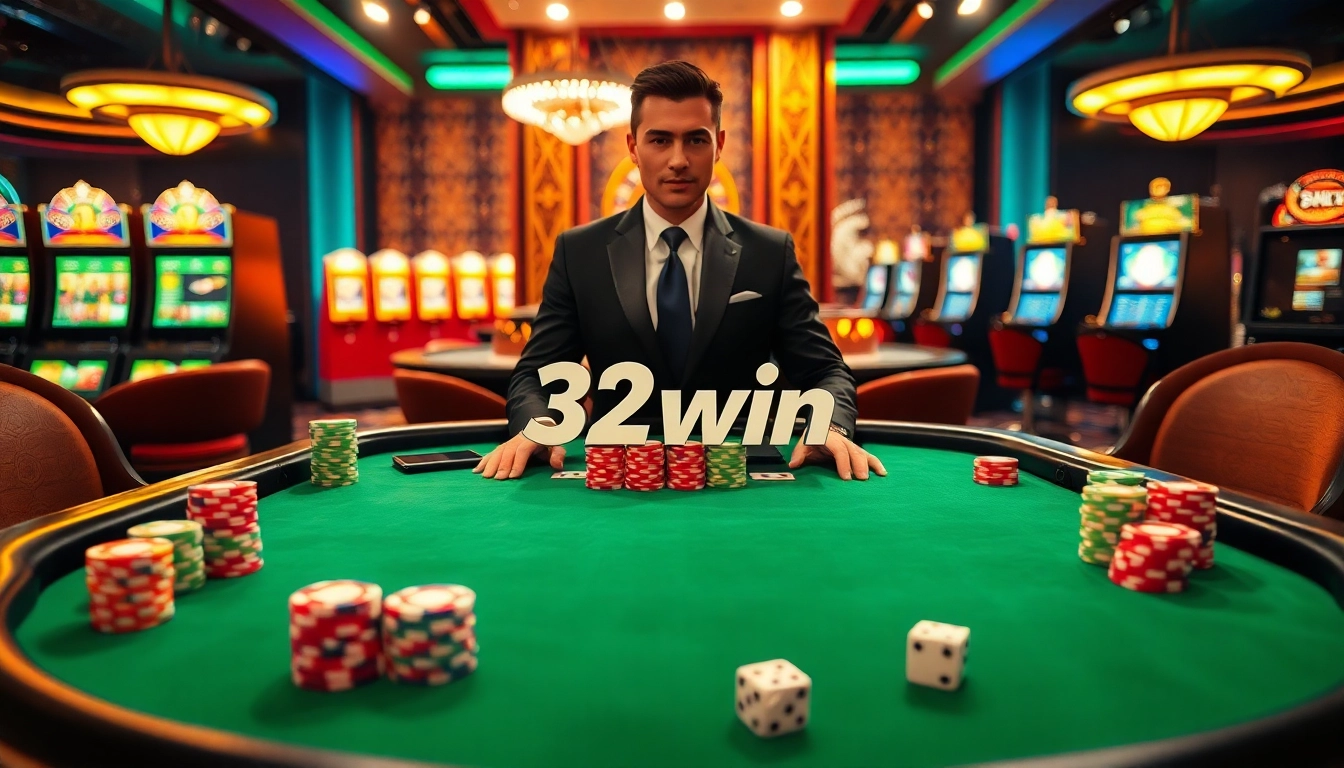 Players enjoying a thrilling poker game at 32win's luxurious casino table, surrounded by colorful chips and vibrant atmosphere.