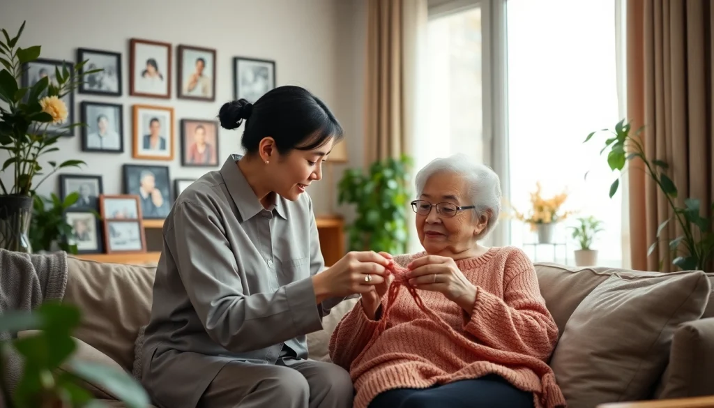 An elderly care maid helping a senior woman with knitting in a bright, cozy living room.