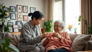 An elderly care maid helping a senior woman with knitting in a bright, cozy living room.