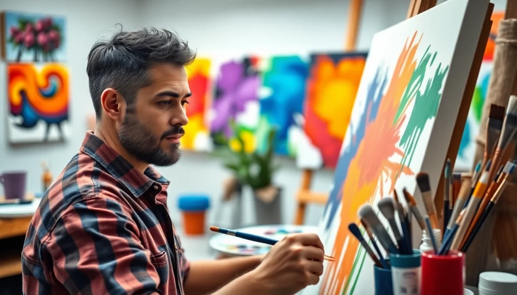 Enhance creativity with acrylic artistry at https://acrylicpedia.com showcasing an artist in a vibrant studio.