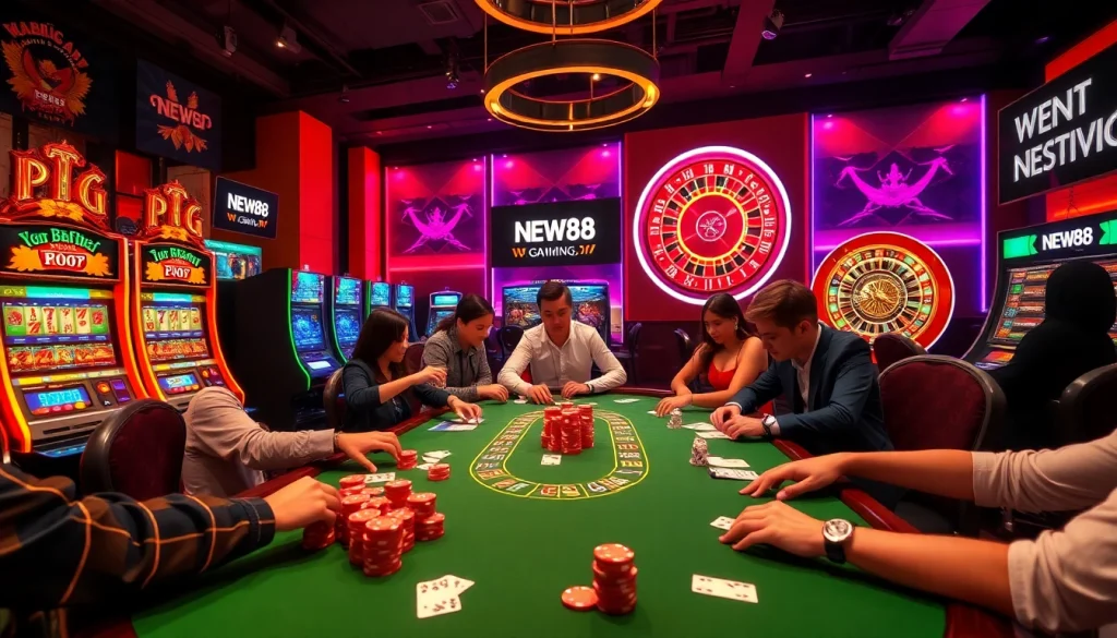 Gamblers enjoying a thrilling game at NEW88 casino table surrounded by vibrant slot machines.
