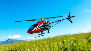 rc helicopter soaring effortlessly against a clear blue sky and vibrant landscape.