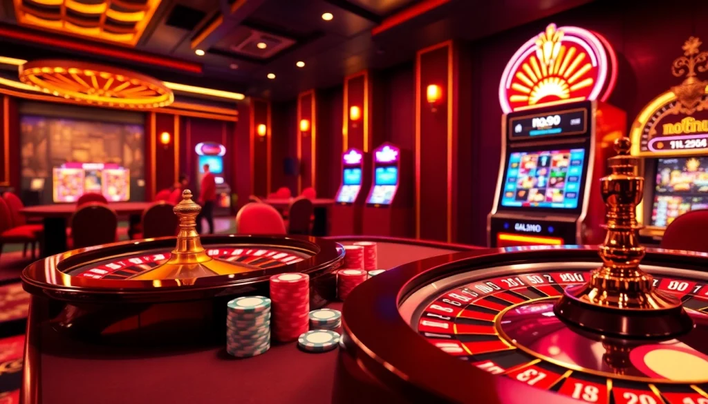 Nohu90 offers an exciting online casino experience featuring vibrant poker chips and roulette tables.