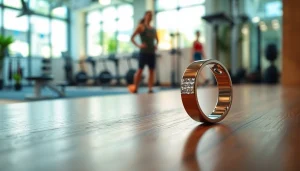 Explore the ringconn website showcasing a sleek smart ring against a vibrant gym backdrop.