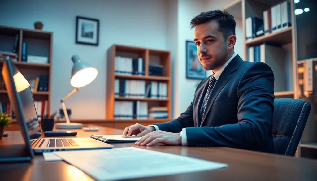 Professional setting of a traductor jurado translating documents with books and laptop.