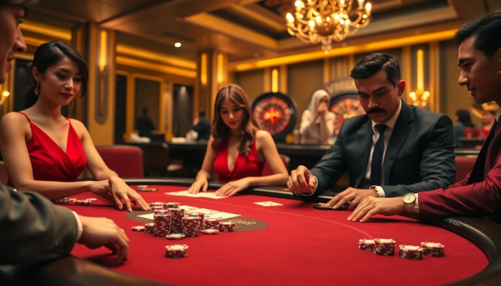VM88 players enjoying an exciting game at a luxurious poker table in a high-stakes casino.