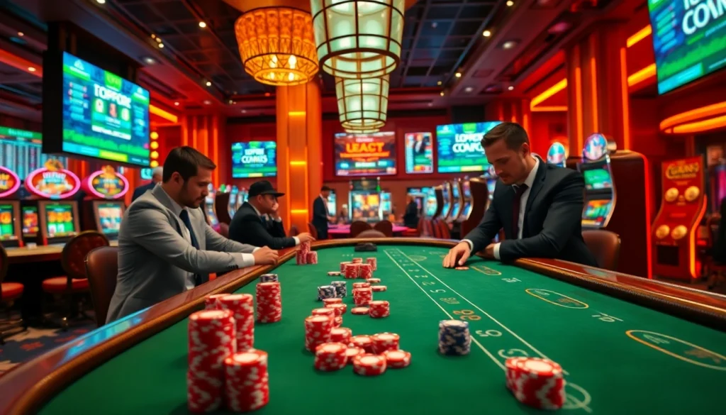Engaging gamblers at Lucky88 casino table with vibrant chips and high stakes action.