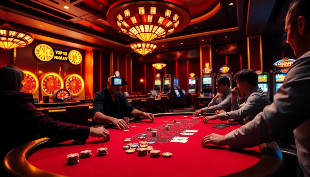 Top 10 Nhà Cái Uy Tín players strategizing at a luxurious poker table in a vibrant casino.