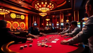 Top 10 Nhà Cái Uy Tín players strategizing at a luxurious poker table in a vibrant casino.