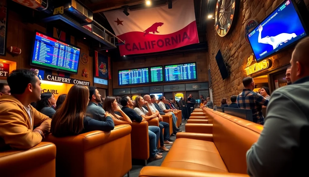 Engaged fans participating in sports betting in California at a lively sports bar ambiance.