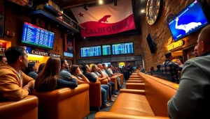 Engaged fans participating in sports betting in California at a lively sports bar ambiance.