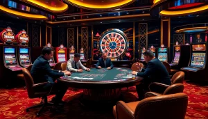 S666 nhà cái: Engaging poker game at a luxury casino setting with vibrant slot machines.