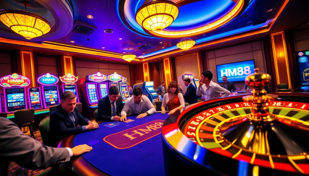 Experience authentic gambling excitement with HM88 at a bustling casino featuring vibrant games and players.