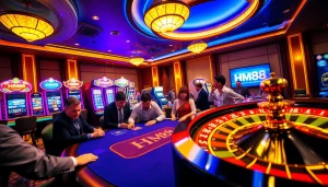 Experience authentic gambling excitement with HM88 at a bustling casino featuring vibrant games and players.